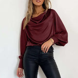 Elegant Satin Blouse 2022 Autumn Women Lantern Sleeve Long Shirts Fashion Cowl Neck Casual Solid Streetwear Tunic