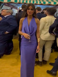 Women Chic Purple Skinny Halter Lace Up Midi Dress Sexy Swinging Neck Backless Slit Vestidos 2024 New Lady Elegant Evening Gowns-Outfit