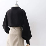 Women Lantern Sleeve Loose Turn-down Collar Simple Solid Feminino Blouses Minority Korean Style Autumn All-match