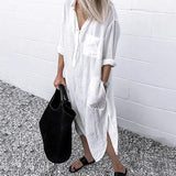 2021 Women Lapel Long Sleeve Autumn Shirt Dress Cotton Split Dresses Elegant Solid Work Office Vestidos Female Tunic