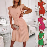 Summer Women's New Round Collar Waist Pleated Flounce Dress With A Belt-Outfit