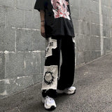 Gothic Punk Cargo Pants Anime Patch Pants for Men Women High Waist Black Trousers Wide-leg Casual Pant Harajuku Y2k Male