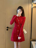 Autumn winter new in Chic Red knit dress women long sleeves O-Neck Button elegant Party dresses-Outfit
