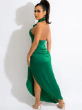 Sexy V-neck Sleeveless Solid Satin Backless Maxi