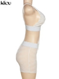 Kliou Mesh Patchwork Two Piece Set Women Sexy Solid Deep V-Neck Crop Tops+ See Through High Waist Skinny Female Matching