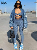 Kliou Striped Print Two Piece Set Women Sexy V-neck Bandage Backless Bra Tops+Mid Waist Stretchy Sheath Pants High Street