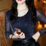 Spring Plus Size Bright Silk Prom Party Women T Shirt Transparent Sleeve Round Neck Spring Female Tee