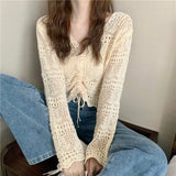 Woherb Out Thin Jacket Summer 2024 New Draw Rope V Collar Short Money Wearing Sunscreen Shirt Sweet Spicy Short Sleeve Knit Women-Outfit