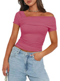 Solid color strapless wrap regular casual short sleeve backless shrunken Tee multicolor high quality pullover t-shirt-Outfit