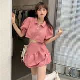 Women Sets Sweet Solid Short Puff Sleeve Tops Ruffles Mini Skirts Preppy Style Simple Streetwear All-match Female Summer Daily-Outfit