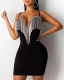 Sexy Women Lady Sequin Jumpsuit Romper Bodycon Backless Clubwear Party Long Pant Trouser Black Tassels Dress