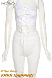 2 Piece Set Women Summer Sexy One Shoulder Slit Lace Up Crop Top + Sheer Mesh Pants Club Party Tracksuit Outfits Matching-Outfit