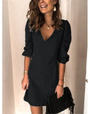 Fashion Women Summer Autumn Casual Loose Dress V-Neck Three Quarter Sleeve Mid Waist Solid Color Pullovers Mini