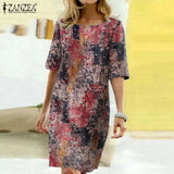 Floral Printed Dress Women Summer Sundress ZANZEA Bohemian Short Sleeve Cotton Knee-length Vestidos