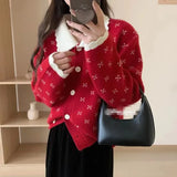 Woherb Winter 2024 New Sweet Fashion Hook Flower Lapel Long Sleeve Sweater Female Loose And Versatile Reduce Age Lace Sweater-Outfit