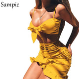 Ruffle High Waist Two Piece Skirt Set Backless Bow Crop Top Club Outfits Sexy 2 Piece Set Women Summer Matching