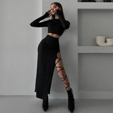Sexy Two Piece Set Long Sleeve Crop Top High Split Bandage Long Skirt Set Club Outfits Summer and autumn XY23461G1-Outfit