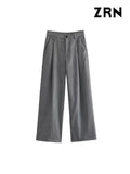 Women Fashion Side Pockets Front Darts Straight Pants Vintage High Waist Zipper Fly Female Trousers Mujer-Outfit