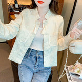 Woherb Texture Short Coat Female Spring And Autumn 2024 New Hot Style National Wind Plate Buckle Long Sleeve Jacket Autumn Women's Wear-Outfit