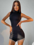 2021 Tassel Diamond Black Sleeveless O Neck Bodycon Elegant Mini Sexy Fashion Skinny Stretchy Evening Dress-Outfit