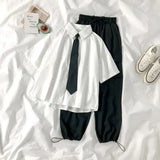 White Shirts Women with Tie Japanese Style Preppy Students BF Simple Solid Loose Summer Top Daily Streetwear 2023-Outfit