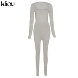 Kliou Solid Concise Two Piece Set Women Skinny Bodycon-shaping Crew Neck Bodysuit+High Waist Slim Sporty Leggings