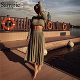 Khaki 2020 Two Piece Set Women Knitted Long Sleeve Pullover Sweater Tops And Midi Split Bodycon Pleated Skirt Set