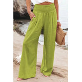Summer 2022 Cotton Linen Style Women Loose Long Trousers Leisure Solid Color High Waist Ruched Beach Wide Leg Pants with