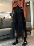 Spring Elastic Waist Midi Polka Dot Lace Mesh Skirt Women Elegant Korean Style High Waist A-line Long Tulle Skirt QT1872-Outfit