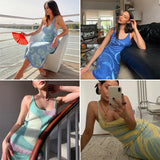 2021 Print Knit Bodycon Dress Women Green Y2K Summer Hollow Out Sexy Sleeveless Spaghetti Strap Beach Midi Dresses