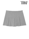 Women Fashion With Pleated Shorts Skirts Vintage High Waist Side Zipper Female Skort Mujer-Outfit
