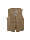 2023 Women Summer Vests Coats Casual Solid Sleeveless V-Neck Single Breasted Waistcoat Female Elegant OL Vest Clothing-Outfit