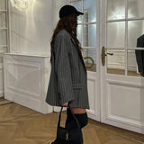 Woherb Women's Fall And Winter Trend Is Advanced With A Two-Piece Striped Suit Jacket Skirt Fashion Suit-Outfit