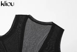 Kliou Mesh Bundled Mini Dress Women Sexy Low V-Neck Sleeveless See Through Bodycon Midnight Style Party Clubwear Female