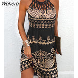 Women Summer Sleeveless Vintage Tribal Print Hollow Out Casual Dress 2022 Femme Casual O-Neck Mini Robe Vestidos Outfits Street-Outfit