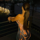 Kliou Aesthetic Print Camis Maxi Dress Women Loose Sleeveless V-Neck Cleavage Backless Casual Silky Sexy Party Midnight