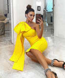 Quality Blue Orange Runway Bownot One Shoulder Long Sleeve Rayon Bandage Dress Cocktail Party Bodycon Dress