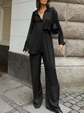 Fashion Women Two-piece Pant Sets Streetwear Leisure Lapel Long Shirt and Wide Leg Pants Suits Casual Loose Oversize