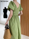 Spring Summer V-neck Drawstring Women Mid-Length Dress Puff Sleeve Slim Waist Casual Female A-line Dress 2022-Outfit