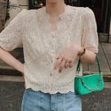 New Chic Hollow V-neck Blouse Women Korean Sweet Short Sleeve Apricot Tops Fashion Floral Loose Ladies Shirt Blusas