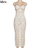 Kliou Unique Style Geometric Maxi Dress Women Elegant Spaghetti Strap Cleavage Backless Hollow Out Robe High Street Lady