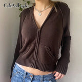 Autumn Solid Cardigans Women Zip Up Front Pockets Knit Sweaters Vintage Casual Korean Hooded Coats Knitwear
