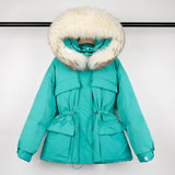 Large Natural Raccoon Fur Hooded Winter Jacket 90% White Duck Down Coat Women Puffer Fluffy Parkas With Belt Snow
