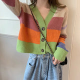 Colorful Striped Cardigan Crop Top Loose Teenagers Comfort Outwear Korean Style Sweaters Trendy Females Spring