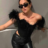 Women Sexy Feather Corset Crop Top Push Up Bustier Boned Top Spaghetti Strap Slim Bodycon Cami Top Party