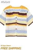 2023 Women Summer Cardigan Sweater Casual Striped Knitting Slim Elastic Female Street Short Sleeve Coats Outerwear-Outfit