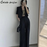Gray Blazer + High Waist Pants Women 2022 Summer Korean Pant Suits OL Elegant Business Jacket and Trousers Women