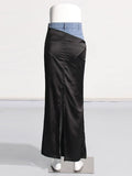 Woherb 2024 New Fashion Trend Wind High-Waisted Jeans Stitching Design Sense Long Slit Wrap Hip Skirt-Outfit