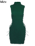 Kliou Stunning Stacked Mini Dress Women Sexy Solid Mock Neck Sleeveless Draw String Bodycon Party Clubwear Elegant Female