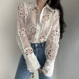 Sexy See Through Long Sleeve Loose White Blouse Top High Quality Hollow Out Floral Embroidery Elegant Shirt New Trend